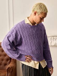 SWAVVY Men's Casual Solid Color Cable Knit Sweater, Autumn/Winter - Violet Purple - View 5