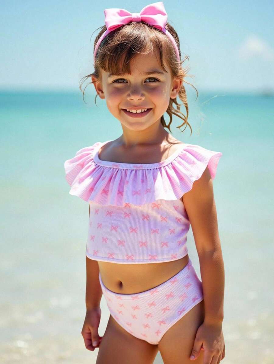 SHEIN 2件套女童条纹蝴蝶结荷叶边泳衣上衣和短裤套装 - 粉色 - 查看 1
