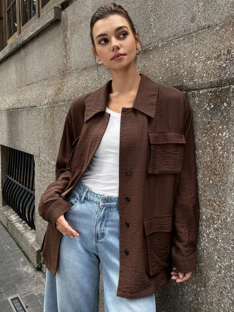 Women's Retro Coin Decor Long Collared Loose Casual Shirt With Large Pockets Brown Shirt Women Brown Blouses Brown Button Down Shirt Brown Top Chocolate Brown Top,Fall Women Clothes Long Sleeve Top
