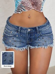 Jeanoix 大码女式性感休闲街头时尚低腰铆钉下摆超短牛仔短裤，夏季 - 藍色 - 查看 10