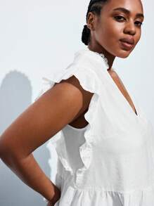 Maija Plus Size White Ruffle Sleeve V-Neck V Neck Casual Top, Fall Autumn Back To School Homecoming Modest Vintage Women Old Money Teacher Romantic, Fashion, Versatile; Comfortable, Stylish, Elegant, Casual, Simple Daily Wear, Essential, Solid Color, Holiday Casual, Decent, Single Lady, Elegant Fashion Business Casual Woman Going Out Tops Graduation Teacher - White - View 7