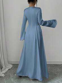 Elenzga 优雅杏色 A 字型束腰喇叭袖连衣裙长款缎面女装 - 藍色 - 查看 2