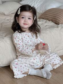 Dazy Kids Baby Girl Ditsy Floral Frill Trim Sleeve Top And Pants Pajama Set,Toddler Fall Clothes