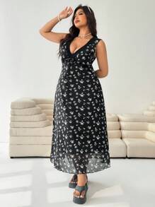 Solflare 大码女式夏季假日黑色网眼碎花印花 V 领蝴蝶结连衣裙 - 黑與白 - 查看 4
