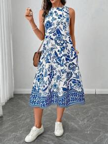 SHEIN LUNE Große Größen Ärmellose A-Linien Lässig Kleid mit Allover-Muster für Damen, Sommer Urlaubsoutfit Frau Boho Strandoutfit für Frau, Urlaubsoutfits Frühling & Sommer Lässig Urlaub Bohemien Porzellan-Muster Ärmellos knöchellang Kleid für berufstätige Lässig Frau - Blau-Weiß - Übersicht 3