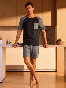 Manfinity Underwear&Sleepwear Basics Men Colourblock Raglan Sleeve Tee & Shorts PJ Set - Multicolor - View 4