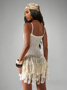 MISSGUIDED Vestido de playa mini de punto con malla, flecos, estilo bohemio, veraniego, cubrecosturas para traje de baño, para vacaciones, luna de miel y uso en resorts