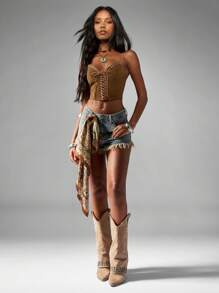 MISSGUIDED 绒面革系带紧身胸衣吊带上衣节日波西米亚风格西式紧身胸衣背心带索环细节无袖短款夏季俱乐部派对装 - 棕色 - 查看 4