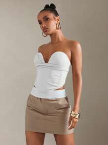 Hauture 女士纯色褶饰设计抹胸短款上衣，性感修身 - 白色 - 查看 3