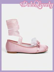 Dola Lovely 女士粉色可爱圆头平底鞋，带蕾丝蝴蝶结，低帮洛丽塔风格，浪漫礼物，适合派对、圣诞节、万圣节等场合 - 藕粉色 - 查看 2