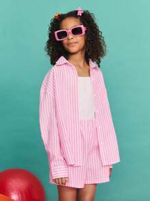 SHEIN 青少年女孩宽松休闲简约舒适条纹立领长袖衬衫度假装 - 粉色 - 查看 2