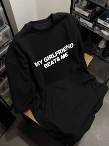 Manfinity Dauomo 男式常规款“我的女朋友打败了我”趣味关系图案 T 恤，男女通用厚棉休闲新奇玩笑 T 恤，男友礼物，超大简约短袖 - 黑色 - 查看 1