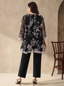 Chikora Conjunto de 3 piezas de talla grande: cárdigan de malla bordada floral elegante, top de tirantes y pantalones - Negro - Ver 3