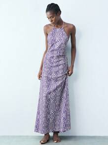 Maija 女式数字几何印花 V 领系腰连衣裙，百搭时尚都市派对装，修身腰部设计，讨人喜欢的彩色印花假日连衣裙，波西米亚风格度假连衣裙，优雅女装，缎面连衣裙