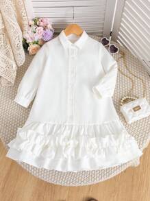 Young Girl Solid Color Long Sleeve Ruffle Hem Casual Shirt Dress Fall Winter - White - View 3