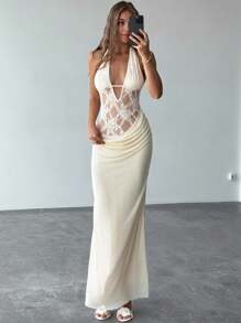 Aloruh Đầm Maxi Nàng Tiên Cá Hở Lưng Khoét Hở Ren Chắp Vá Mới Gợi Cảm - Màu be - Xem 6