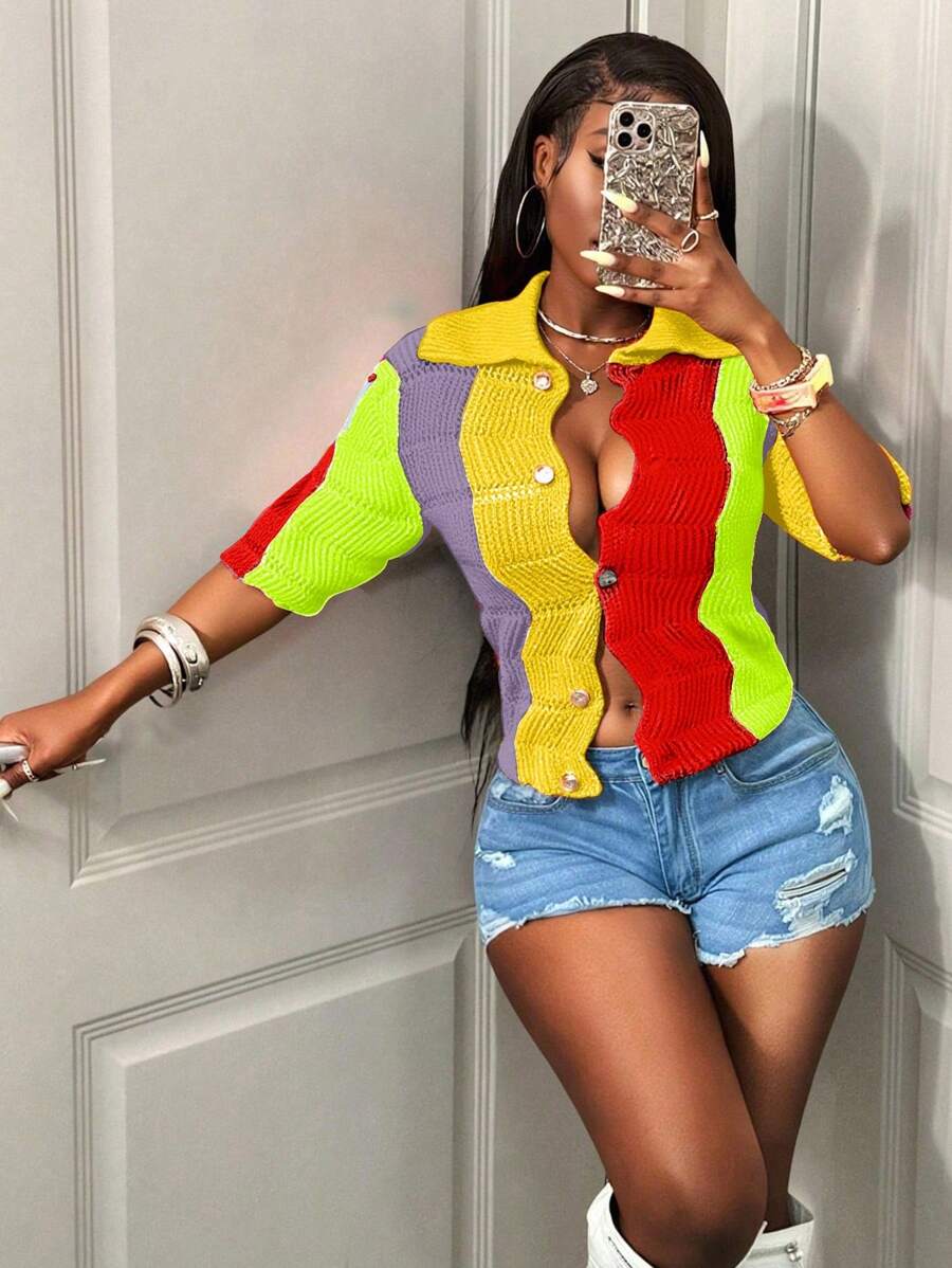 BamGleam Women's Yellow Summer Contrast Color Striped Knit Cardigan,V-Neck Asymmetrical Hem Button Down Short Sleeve Sweater Jacket,Street Wear Y2k Night Out - Multicolor - View 1