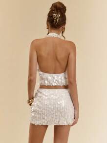 SHEIN BAE 夏秋季女式亮片闪粉露背无袖上衣和中低腰迷你裙，女士两件套，亮片两件套西装，女士两件套西装，适合鸡尾酒会、度假、活动、夜总会、派对、音乐节、全白派对装 - 杏色 - 查看 3