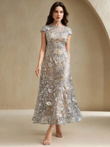 Anewsta 优雅香槟色花卉装饰网眼女士度假连衣裙，闪亮短袖派对/约会连衣裙，春夏装 - 銀色 - 查看 7