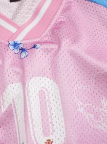 ROMWE MEN Prep World Cup Spring/Summer Casual Graphic Men'S Floral Print V-Neck Colorblock Short Sleeve T-Shirt, Summer, 2000S Style - Pink - View 6