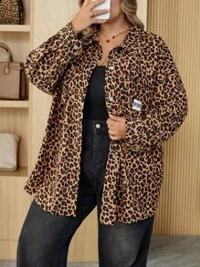 SHEIN CURVE+ Curves 大码/学校服装/返校服装/返校大码女式豹纹字母落肩休闲夹克，秋季豹纹大码大码豹纹夹克动物印花大码夹克大码夹克大码女装秋季服装，冬季，CURVE PLUS - 彩色 - 查看 5
