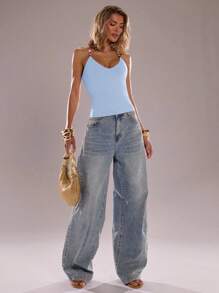 SHEIN BAE 棕色串珠细肩带女士吊带上衣、夏季性感紧身复古吊带上衣、度假沙滩上衣、串珠背心 - 淺藍色 - 查看 4