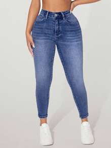 SHEIN PETITE High-Waisted Button-Embellished Skinny Stretch Distressed Y2K Jeans Thermal Lined Skinny Jeans With Pockets, Autumn & Winter Thickened Denim - Medium Wash - View 3