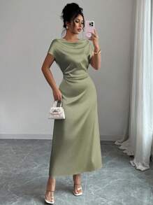 Rafferiza 女士优雅约会/办公室装高领系带短袖缎面连衣裙