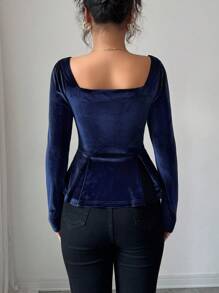 Elenzga Áo thun nhung xếp ly cổ vuông thanh lịch mùa thu - Màu xanh lam - Xem 2