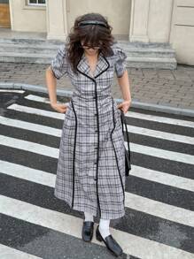 SHEIN 少女法式 A 字型喇叭长裙，夏季泡泡袖格子高腰复古风格 - 深灰色 - 查看 7