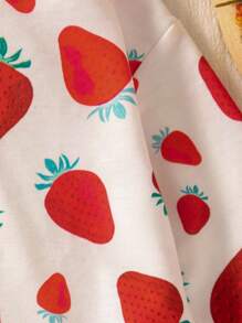 SHEIN 2 件套女婴春秋新款罗纹领草莓印花运动衫和修身打底裤，简约可爱运动休闲装