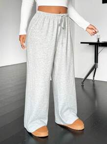 SHEIN EZwear Plus Size Casual Drawstring Waist Loose Straight Leg Knit Pants - Light Grey - View 4