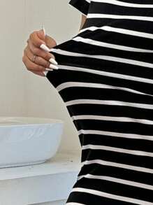 Solflare Plus Size Black & White Striped Long Casual Dress, Suitable For Spring/Summer - Black and White - View 6