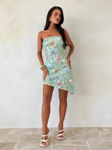 Aloruh 女士优雅性感迷你不对称连衣裙 Y2K 年轻女孩音乐节音乐会生日派对返校节连衣裙婚礼宾客连衣裙约会夜服装女士亮片拼接全印花时尚抹胸绿色短裙 - 綠色 - 查看 8