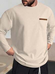 Manfinity Homme Men's Casual Versatile Contrast Pocket Long Sleeve T-Shirt Waffle Knit Long Sleeve Cream Top Men, Fall - Khaki - View 1