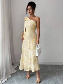 Elenzga 提花针织透视性感不对称领口交叉紧身鱼尾连衣裙 - 杏色 - 查看 6