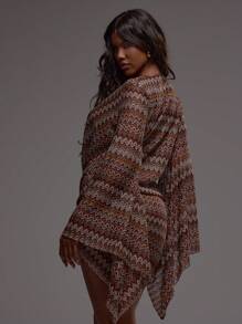 Musera Resort 超大围脖前长袖纹理图案钩针条纹迷你连衣裙波西米亚风节日度假沙滩装夏季度假可爱优雅伊维萨岛