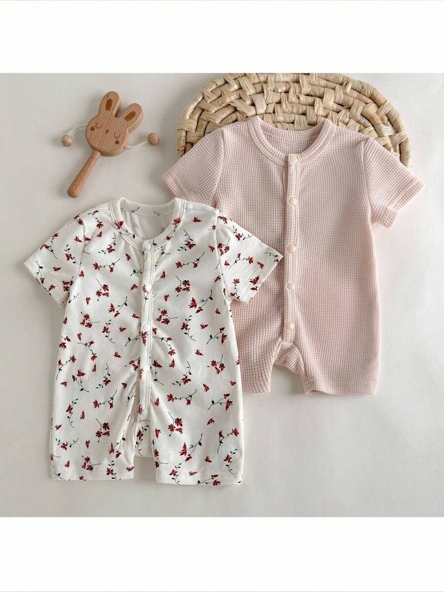Loomiva 2件套新生女婴花卉针织柔软圆领短袖连体衣和短裤套装 - 杏色 - 查看 1
