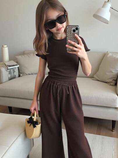 SHEIN 女童纯色咖啡色针织侧褶皱高领修身上衣和阔腿裤两件套，夏季海滩度假，母女/姐妹亲子装，家庭度假亲子装，节日装，法式风格，可爱优雅，甜美复古，时尚百搭。适合休闲日常穿着及上学穿着。