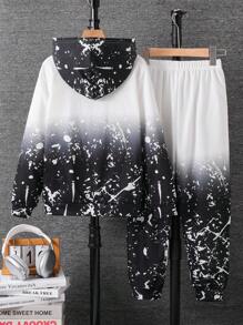 2 件套青少年男孩休闲渐变色字母印花长袖连帽衫和松紧腰裤套装，适合秋季、春季、冬季，适合户外玩耍、学校、街头摄影、派对和居家休闲，性价比高 - 白色 - 查看 8