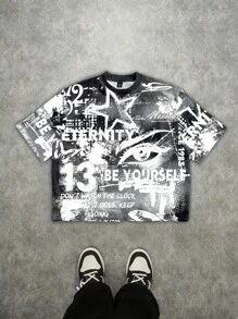 Manfinity Roghcode 夏季男士休闲街头全印花短袖宽松T恤 - 黑色 - 查看 1