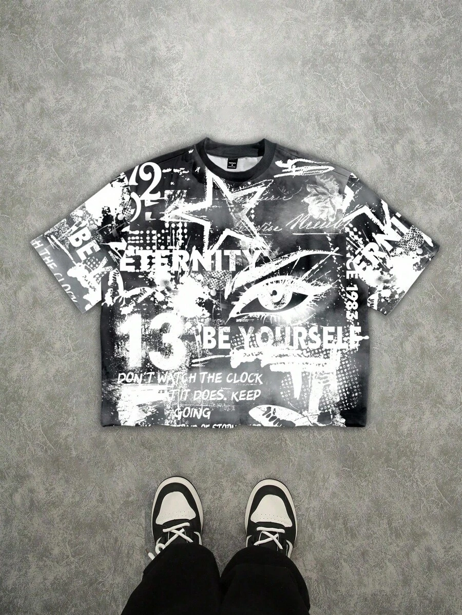 Manfinity Roghcode 夏季男士休闲街头全印花短袖宽松T恤 - 黑色 - 查看 1