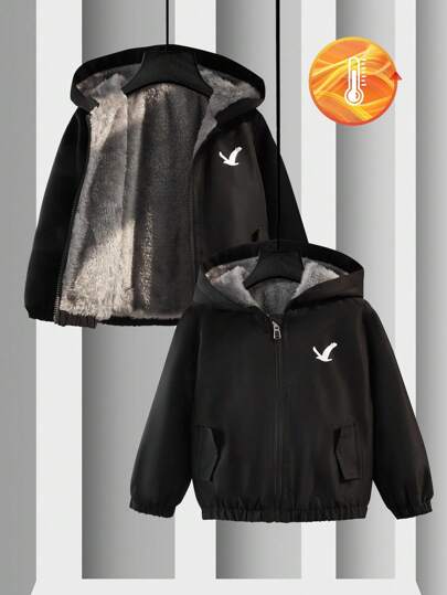 SHEIN Explorewe 1 件装年轻男孩休闲连帽夹克，带保暖衬里，适合日常通勤和户外，秋冬季