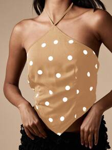 MISSGUIDED Atasan Crop Top Halter Neck Polka Dot Retro untuk Musim Panas, Festival, Tanpa Punggung, Ikat Pinggang, Potongan Busana Modis Gaya Y2K, Pakaian Pesta Serbaguna - Mocha Brown - View 5