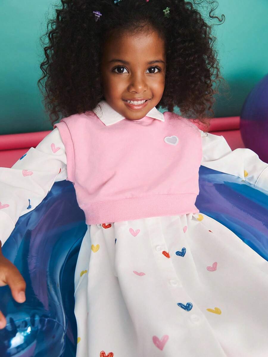 SHEIN Bộ 2 món đồ giản dị thoải mái đơn giản họa tiết trái tim cho bé gái - Hồng - Xem 1