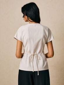 Poéselle Women's Round Neck Short Sleeve Linen Fabric Metal Button Decorated Blouse - Apricot - View 2