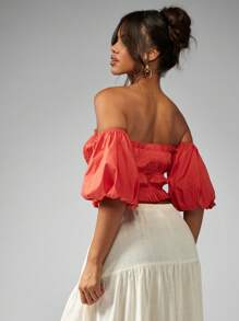 MISSGUIDED PLUS Plus Size Shirred Smocked Crop Top Off Shoulder Puff Sleeve Elastic Summer Party Festival Bardot Blouse Flowy Boho Elastic Ruffle Trim Cotton Blend - Red - View 2