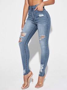 Stylish High Waist Light Wash Women's Skinny Jeans With Distressed Design And Comfortable Stretch - Light Wash - View 4