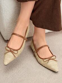 Rosivie 女式复古编织尖头平底鞋，带蝴蝶结扣，休闲度假风格乐福鞋