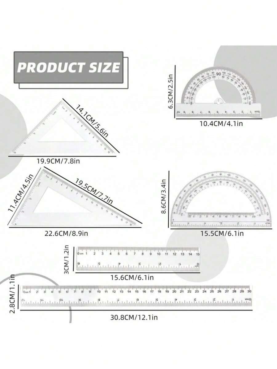 SHEIN Basic living 6 件套尺子套装（带量角器和直尺）、30 厘米学校办公室测量工具套件、5 色数学几何套装（适合学生）、返校用品、适合教室和办公室使用的绘图尺